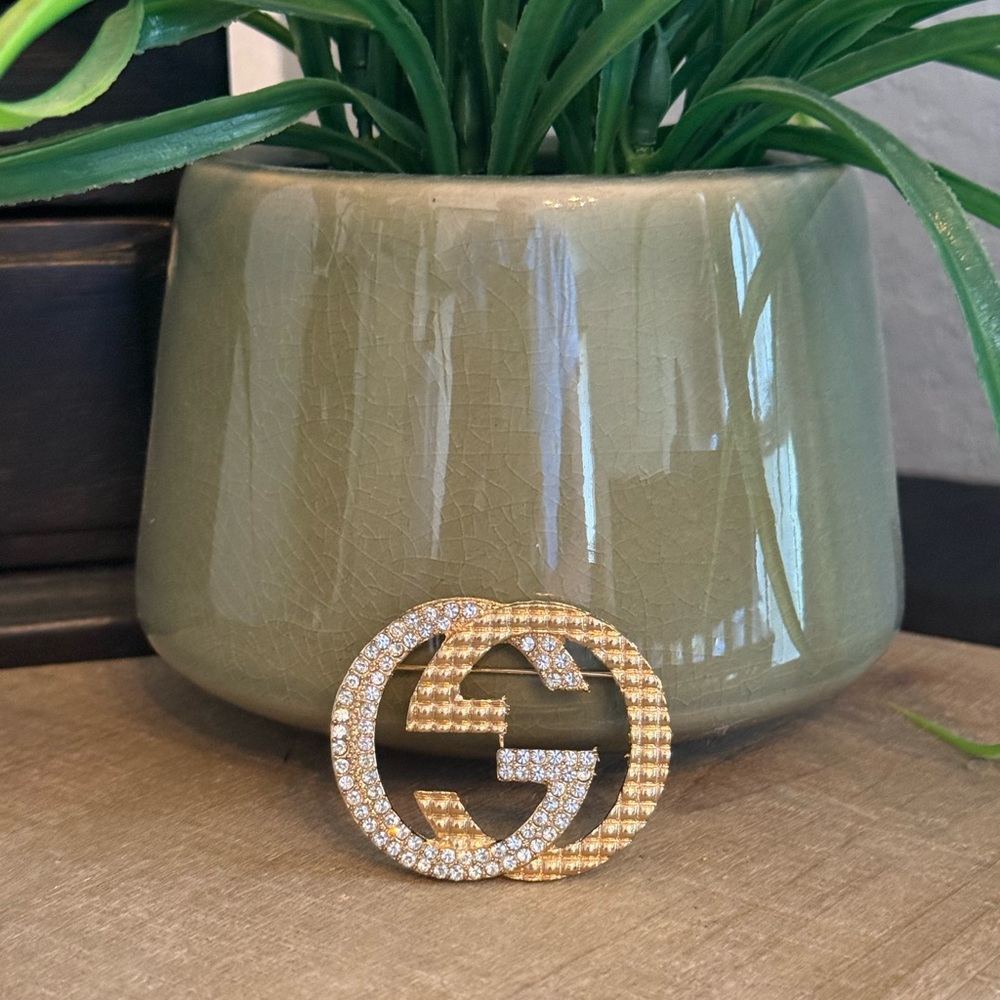 Gold & silver Tone Double G Crystal Brooch Statement Designer Style Pin